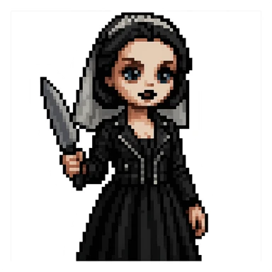 Make Chucky’s bride doll hold a knife, keep her in a black dress and leather jacket with dark makeup, pixel art style sticker