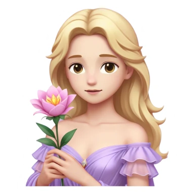 Cinematic Realistic Rapunzel Portrait, with porcelain-like skin featuring a subtle, natural glow, illuminated by soft lighting that brings out the gentle contours of her face. Her long, golden blonde hair cascades in detailed waves, each strand highlighted with a radiant shimmer as it catches the light. She playfully holds a flower in one hand, her other hand resting casually in her lap, with a warm and spirited expression. Her bright, expressive green eyes exude curiosity and warmth, framed by delicate lashes and soft, arched brows. She is dressed in her classic lavender and pink gown, the fabric textured with delicate folds that flow naturally, catching the light with a soft, radiant glow. The portrait captures a luminous, enchanting aura, seamlessly blending realism with a whimsical, fairytale charm, evoking a timeless sense of beauty and magic. sticker