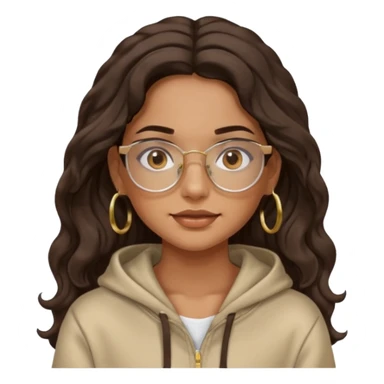Make a girl with dark brown wavy hair and brown eyes she's tan latina and she has clear glasses and small hold hoop earings make her hair longer and her a hoodie sticker