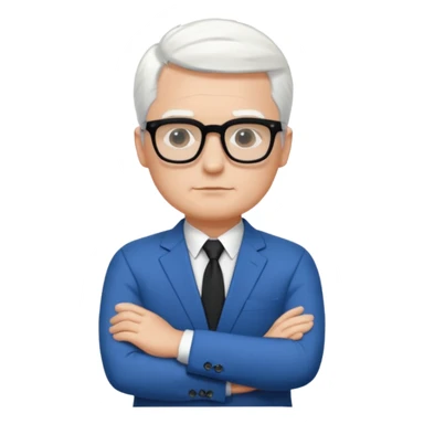Man wearing black glasses, short white hair, blue suit, white shirt, no tie, arms folded sticker