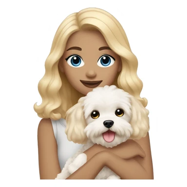 girl with blue eyes and blonde hair holds dog maltipoo cream color hair sticker
