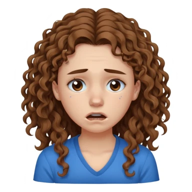 white young curly long hair girl, brown hair, with a blue shirt, in despair crying, brown eyes, septum sticker