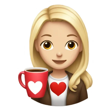 Girl with blonde hair holding a mug with coffee in it that has a heart on the top of the latte sticker
