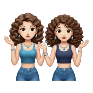moon juggling — long wavy brown hair tattooed woman and short tight curly brown hair woman — tiny moons and crystals sticker