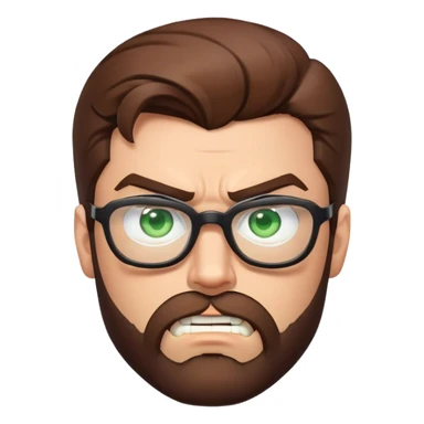 Superman with brown hair, a beard, and glasses on. Eyes are green. Angry face sticker