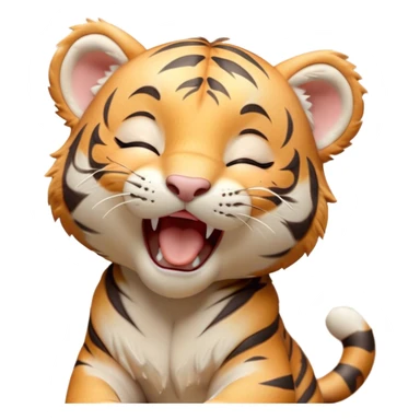 Cinematic Cute Yawning Tiger Cub Portrait Emoji, Head tilted slightly with a dramatic, wide-open yawn, showcasing a small, plush body with drowsy, half-closed eyes and an open, relaxed expression, Simplified yet irresistibly adorable features, highly detailed, glowing with a soft, cozy wild glow, high shine, relaxed yet expressive, stylized with a dash of whimsical jungle charm, soft glowing outline, capturing the essence of a drowsy yet affectionate tiger cub that appears ready to stretch out for a nap! sticker