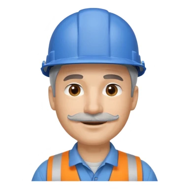 A man emoji with light skin, wearing a blue construction helmet, short gray hair on the sides, straight eyebrows, brown eyes, a small nose, and a thin gray mustache above his smiling mouth. sticker