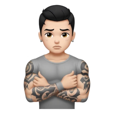 a PRETTY BRATZ boy with black hair, big biceps, full grey sleeve, crying sticker