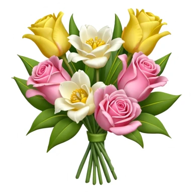 A mixed bouquet of four flowers, featuring pink roses and yellow lisianthus. sticker