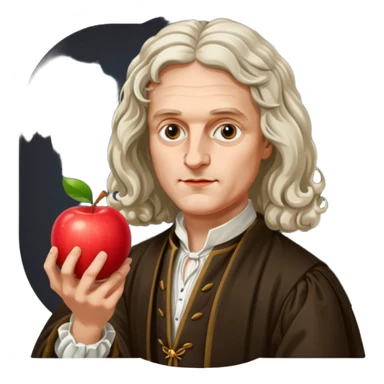 Isaac Newton wearing 17th-century aristocratic attire, hold an apple sticker
