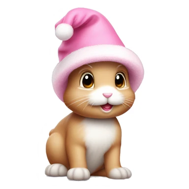 A pink little cute bunny wearing a little cute pink Christmas hat sticker