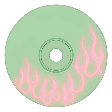A minimalist CD disc with subtle pink flames, glowing effect, variation 2, color: green sticker