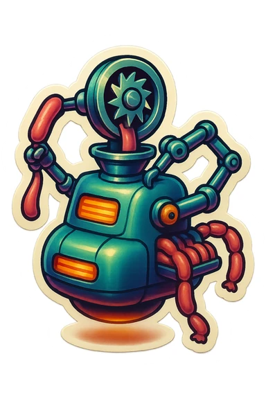 sausage-processing droid. retro-futuristic style. top is a large circular industrial grinder rotating gears and blades. Two robotic arms feed material into grinder. Sausage links extrude from the rear like  factory. The body is metallic, compact, and floats above the ground.no legs. Dark humor sticker