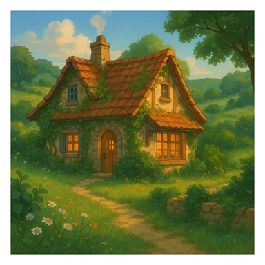 cozy cottage in a lush landscape with warm lighting in ghibli style sticker