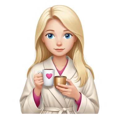 girl
blue eyes
long blond hair
wearing housecoat
holding a white mug of coffee that says mom
wearing rose gold apple watch  sticker