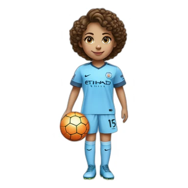 girl with short curly brown hair and eyes wearing Manchester City football shirt, fluro orange soccer boots, number 15, standing with a soccer ball sticker