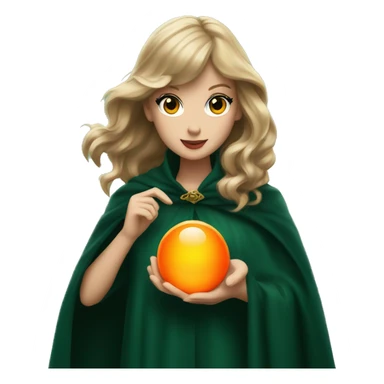 Taylor swift in dark green cloak holding an orange glowing orb sticker