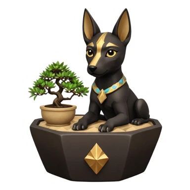  Soothing silky black fur Anubis tiny statuette puppy stony cracked irregular dodecagon bonsai pot  sticker