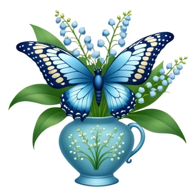Aesthetic butterfly with blue light and navy wings sitting on a dark green bouquet of lily of the valley in a pastel blue vase sticker