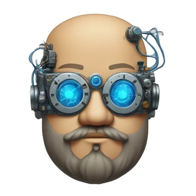 Bearded Fat bald cyborg head with tan skin, blue steampunk goggles and circuits sticker