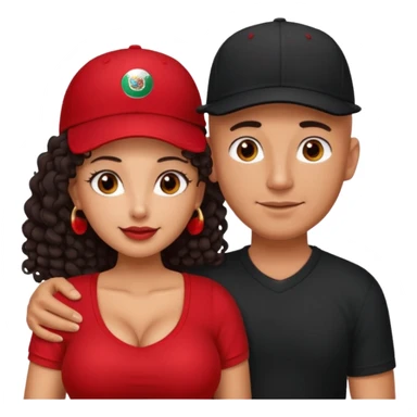 A picture of an embracing tanned couple. the man is a Mexican man with tanned skin, with a bald hair cut wearing a red baseball hat and wearing a black shirt. the woman is mixed, with glasses,  with long curly dark brown hair and with big boobs. Remove the glasses from the guy sticker