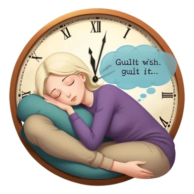 A person sits with their hands gently resting on their lap, eyes closed, exhaling slowly. Above them, a swirling thought bubble holds the words guilt and discomfort, but they don’t push it away—they just sit with it. In the background, a clock ticks softly, symbolizing the pause before responding.  sticker