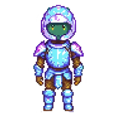 Add more pixelated armor details and highlights, keep pixel art style, no background. sticker