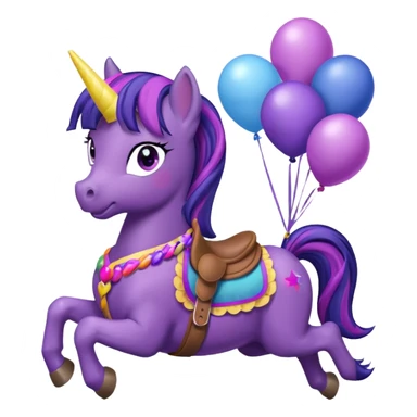 twillight sparkle mlp holding colorful balloons tied to its saddle, looking cheerful. sticker