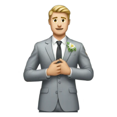 confident white guy flashing feeling pain without crying in formal dress in hands flowers sticker