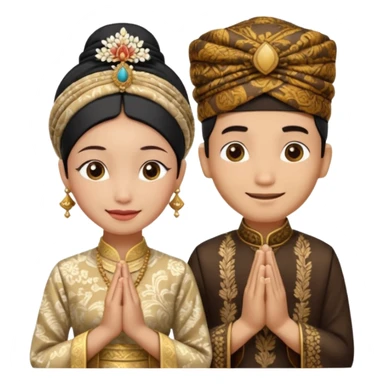 javanese person with shy smile (male) with batik blangkon hat and prayer hand, and also a javanese bride with sanggul or javanese classic updo and a shy smile sticker