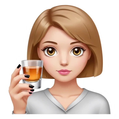 hazel eyes light brown hair white girl with short bob no bangs with a shot glass wearing black light pink nails sticker