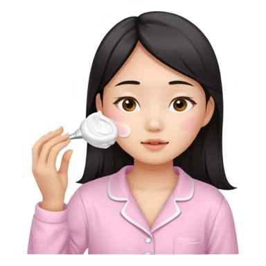 angelic asian girl doing skin care in baby pink pajamas, applying cream to her face sticker
