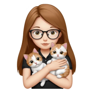 a girl with long brown straight hair, in a white a black polo t-shirt, with eyeglasses hugs a persian kitten 3 months old had a half spot black on her face and white one cat. emoji | AI Emoji Generator sticker