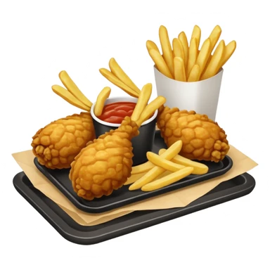 Piezas de pollo frito y papas fritas en baston sobre una bandeja rectangular plateada que contiene papel con patrón de cuadros blancos y negros  sticker