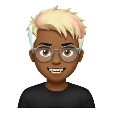 Black Male Teenager with Short punk messy blonde hair, Dark brown bushy eyebrows large expressive golden-brown eyes, wearing a plain white t-shirt, wearing thick black glasses, Dark Brown skin color. Showing off his singular vampire tooth sticker
