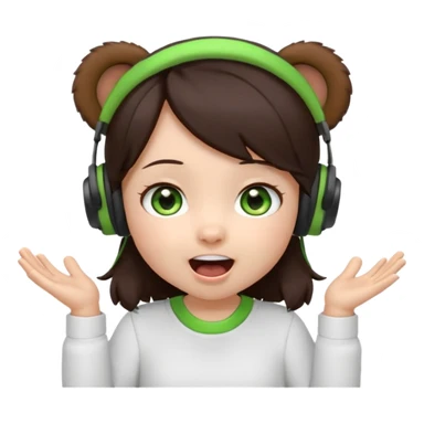 Animated emoji, Chibi girl, dark brown hair, green eyes, wearing a white shirt and small brown bear ears on a black headset, with wide happy surprised eyes and mouth and clapping excitedly sticker