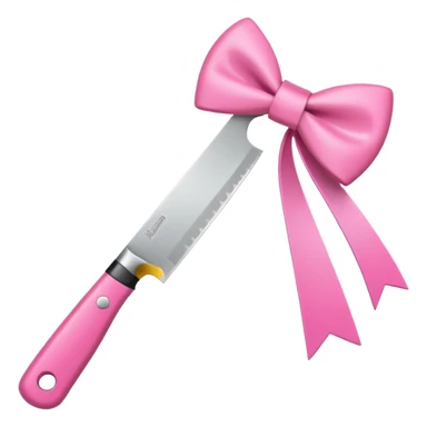Kitchen knife with a pink bow tied around the handle, emoji style, simple, flat vector, white background, only one object sticker