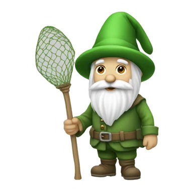 a green gnome with a white beard a fullbody green  cilinder hat and a landing net in the left hand sticker