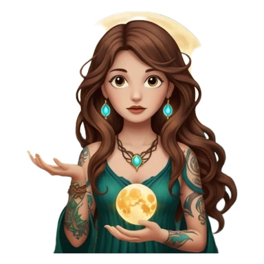 forest mystic woman long wavy brown hair tattoos holding glowing moon orb sticker