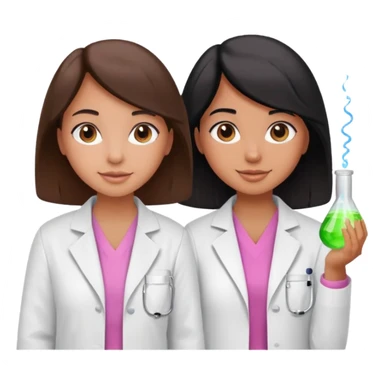 cientificas con blusa rosa y bata blanca felices, una chica con pelo marrón y otra chica un poco mas pequeña como una niña con pelo negro, deben tener la piel un poco bronceadas sticker