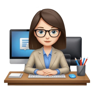 donna occhi azzurri con occhiali, capelli media lunghezza lisci, davanti al pc alla sua scrivania. è una grafica editoriale e redattrice sticker