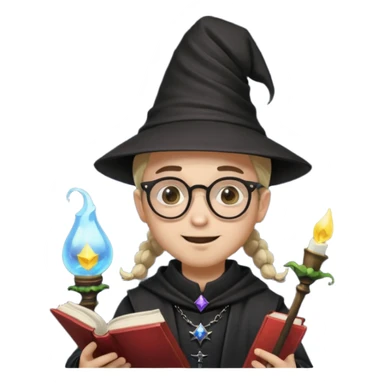 ["A happy boy with light skin, ponytail, wearing a wizard hat and square glasses, dressed in goth fashion, is reading a book while holding a phone."] sticker
