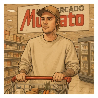 Justin Bieber shopping at Supermarket Muffato, realistic cartoon style sticker