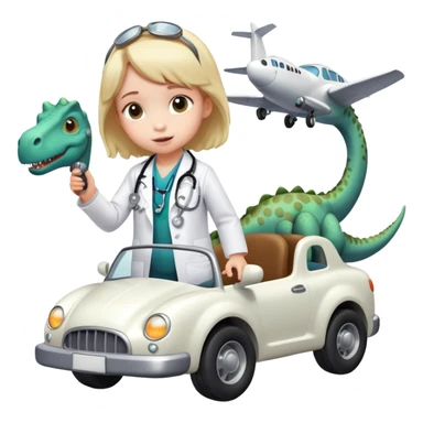 a dinosaur used as an air plane coming out of a black car with a little girl with a white medical doctors coat and a stetoscope around her neck sticker