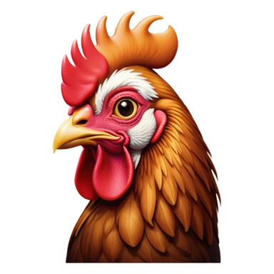 Cinematic Noble Brown Rooster Portrait Emoji, Poised and regal, with a robust, commanding build and a rich, well-groomed brown plumage, deep-set soulful warm eyes, Simplified yet sharp and sophisticated features, highly detailed, glowing with a soft, dignified glow, high shine, intelligent and proud, stylized with an air of rustic majesty, focused and attentive, soft glowing outline, capturing the essence of a watchful and confident leader, so majestic it feels as though it could crow out of the screen with effortless authority! sticker