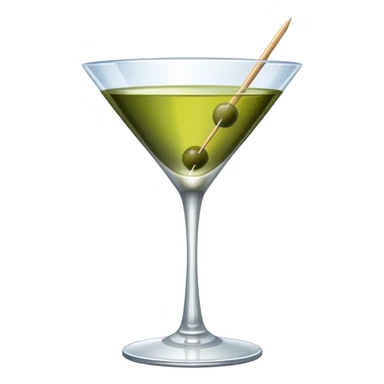 martini glass with clear liquid and an olive at the bottom skewered by a toothpick sticker