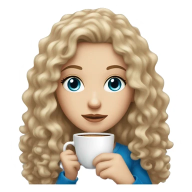 A white girl with darkblonde long curly hair, blue eyes and freckles holding a cup of coffee sticker