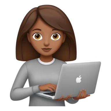 memoji of a brown hair female with a grey laptop in front, apple-style, modern sticker