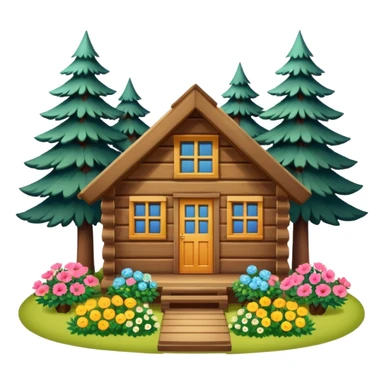 small cabin in the woods, surrounded by pines, with flowers around sticker