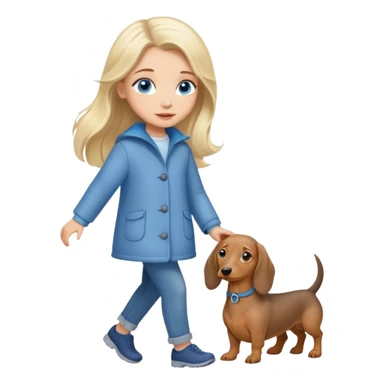 blonde girl with long hair and blue eyes walks with a gray dachshund sticker